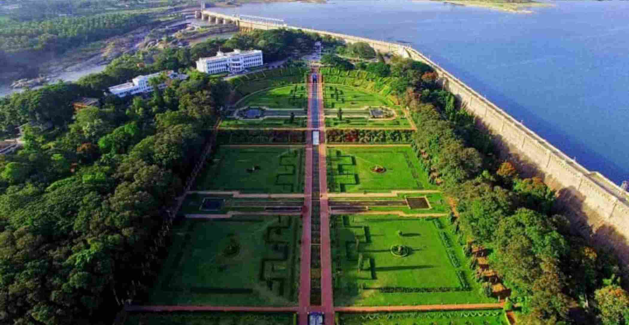 Aerial view of KRS Dam and Brindavan Gardens